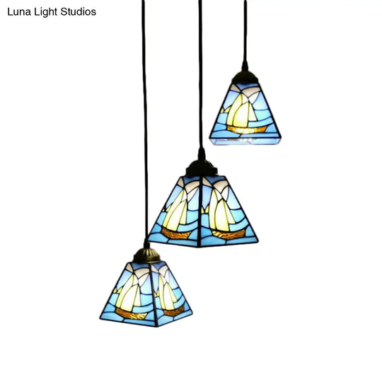 Blue Stained Glass Conical Tiffany Hanging Lamp - Mini Cluster Pendant With 3 Bulbs For Living Room