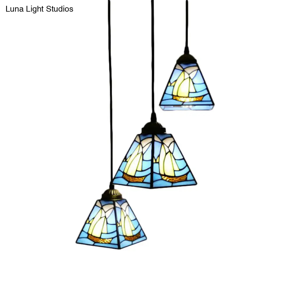 Blue Stained Glass Tiffany Mini Pendant Cluster Light With 3 Bulbs For Living Room