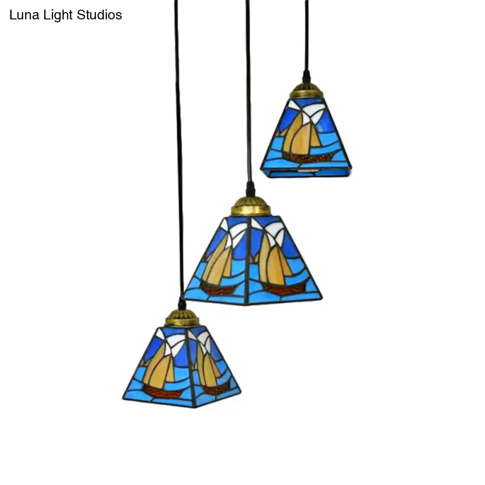 Blue Stained Glass Tiffany Mini Pendant Cluster Light With 3 Bulbs For Living Room