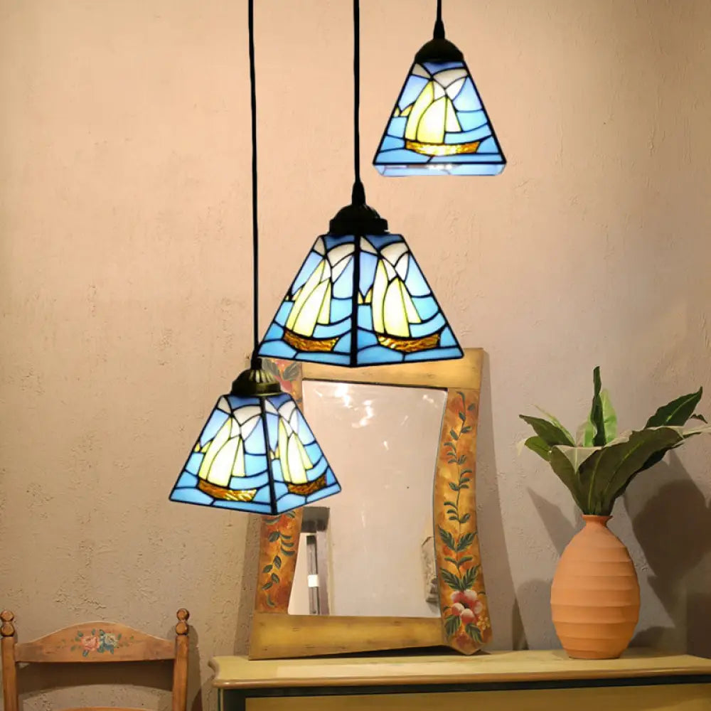 Blue Stained Glass Conical Tiffany Hanging Lamp - Mini Cluster Pendant With 3 Bulbs For Living Room