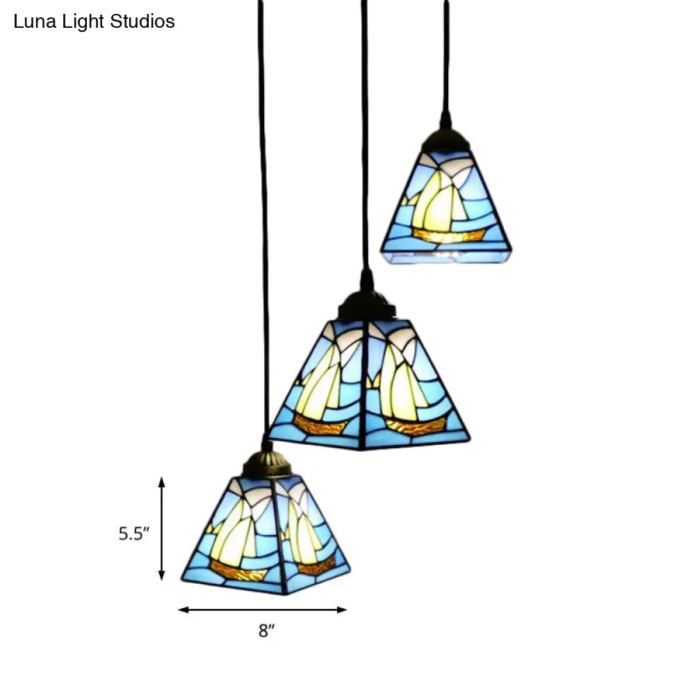 Blue Stained Glass Tiffany Mini Pendant Cluster Light With 3 Bulbs For Living Room