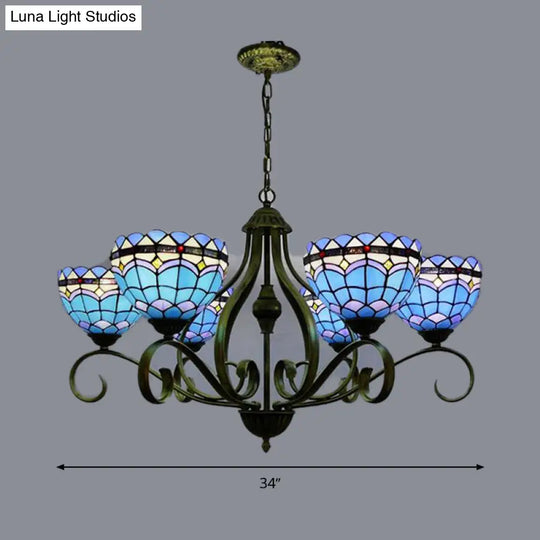 Blue Stained Glass Dome Chandelier With 3/6/8 Lights Mediterranean Style Ideal For Bedrooms - Black