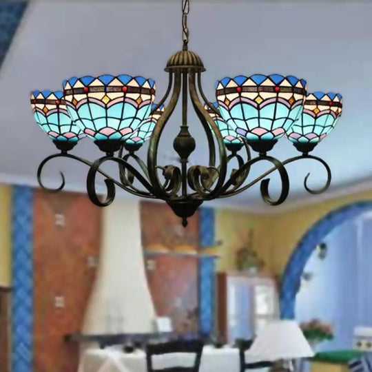 Blue Stained Glass Dome Chandelier With 3/6/8 Lights Mediterranean Style Ideal For Bedrooms - Black