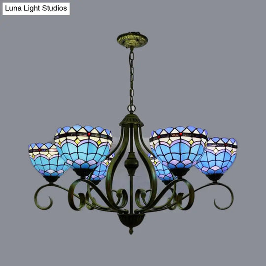 Blue Stained Glass Dome Chandelier With 3/6/8 Lights Mediterranean Style Ideal For Bedrooms - Black