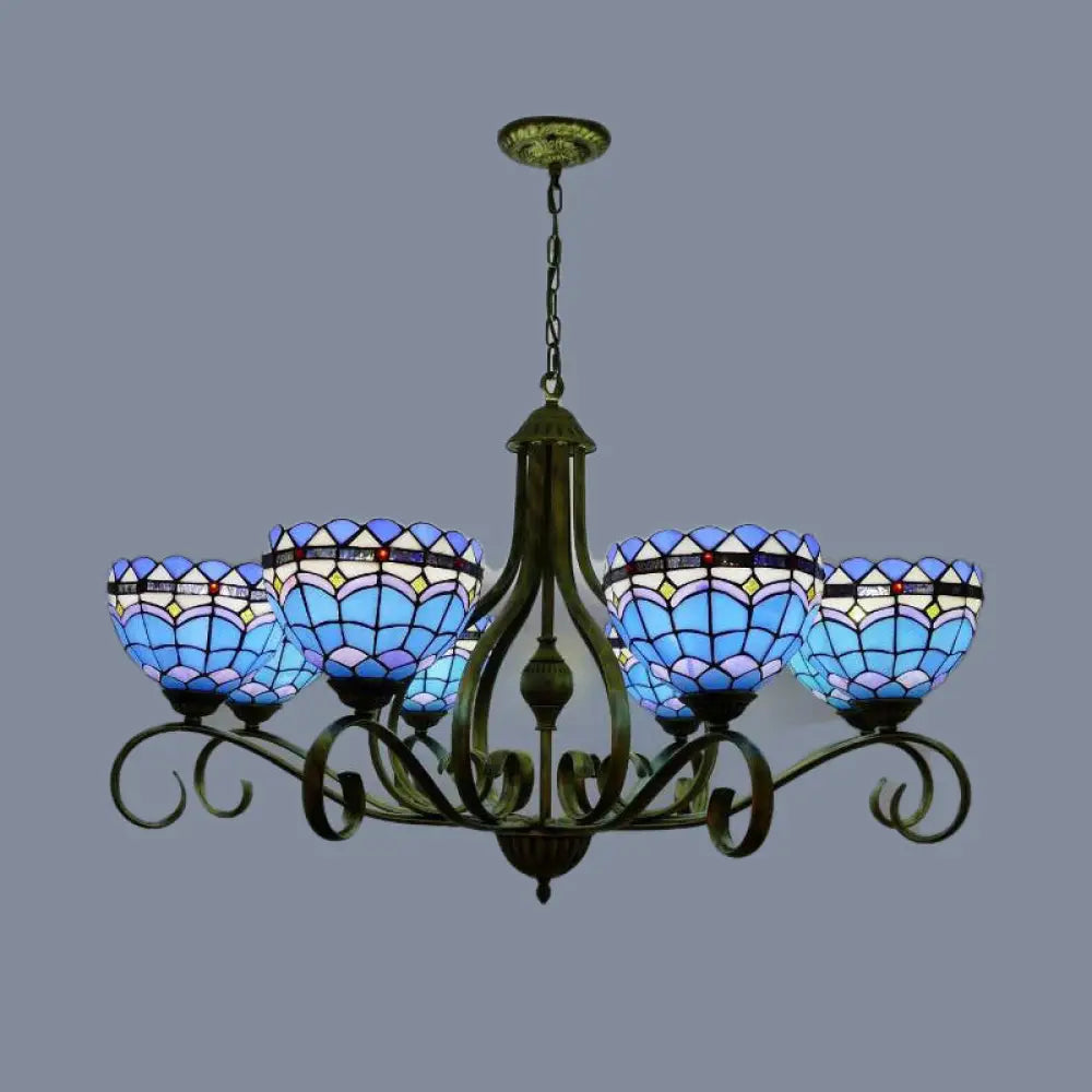 Blue Stained Glass Dome Chandelier With 3/6/8 Lights Mediterranean Style Ideal For Bedrooms - Black