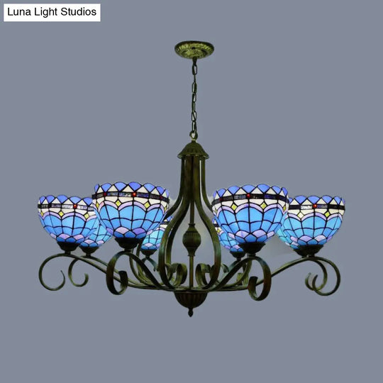 Blue Stained Glass Ceiling Chandelier With Mediterranean Style 3/6/8 Lights Domed Design Black