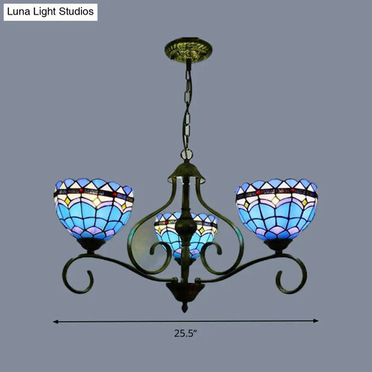 Blue Stained Glass Ceiling Chandelier With Mediterranean Style 3/6/8 Lights Domed Design Black