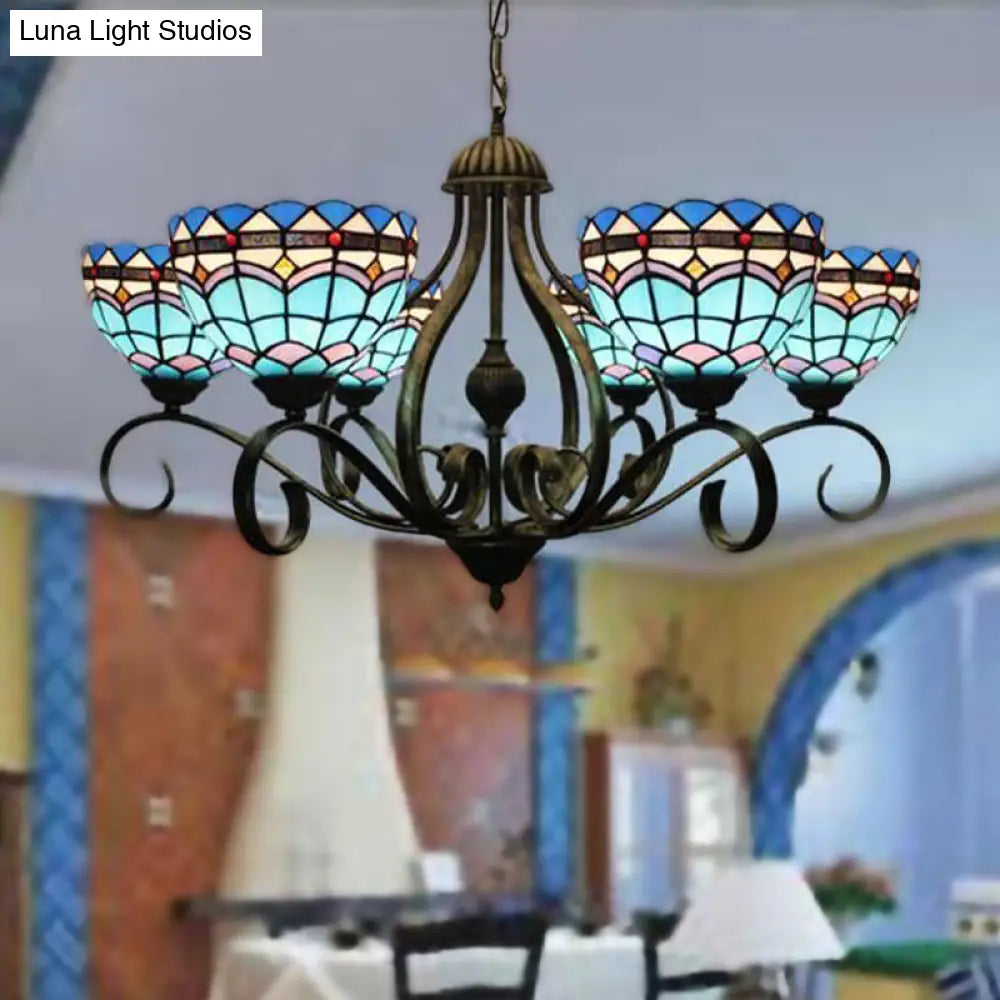 Blue Stained Glass Ceiling Chandelier With Mediterranean Style 3/6/8 Lights Domed Design Black