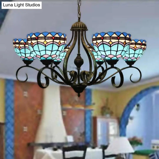 Blue Stained Glass Ceiling Chandelier With Mediterranean Style 3/6/8 Lights Domed Design Black