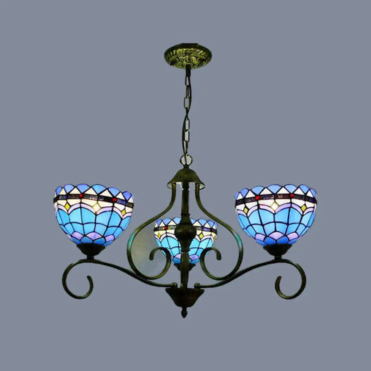 Blue Stained Glass Dome Chandelier With 3/6/8 Lights Mediterranean Style Ideal For Bedrooms - Black