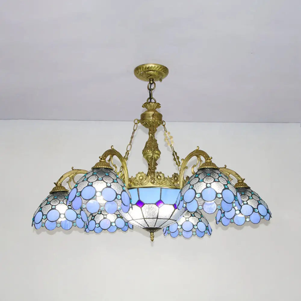 Blue Stained Glass Dome Pendant Light With Mediterranean Charm