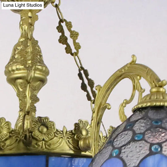 Blue Stained Glass Mediterranean Pendant Lamp With Multi Light Dome