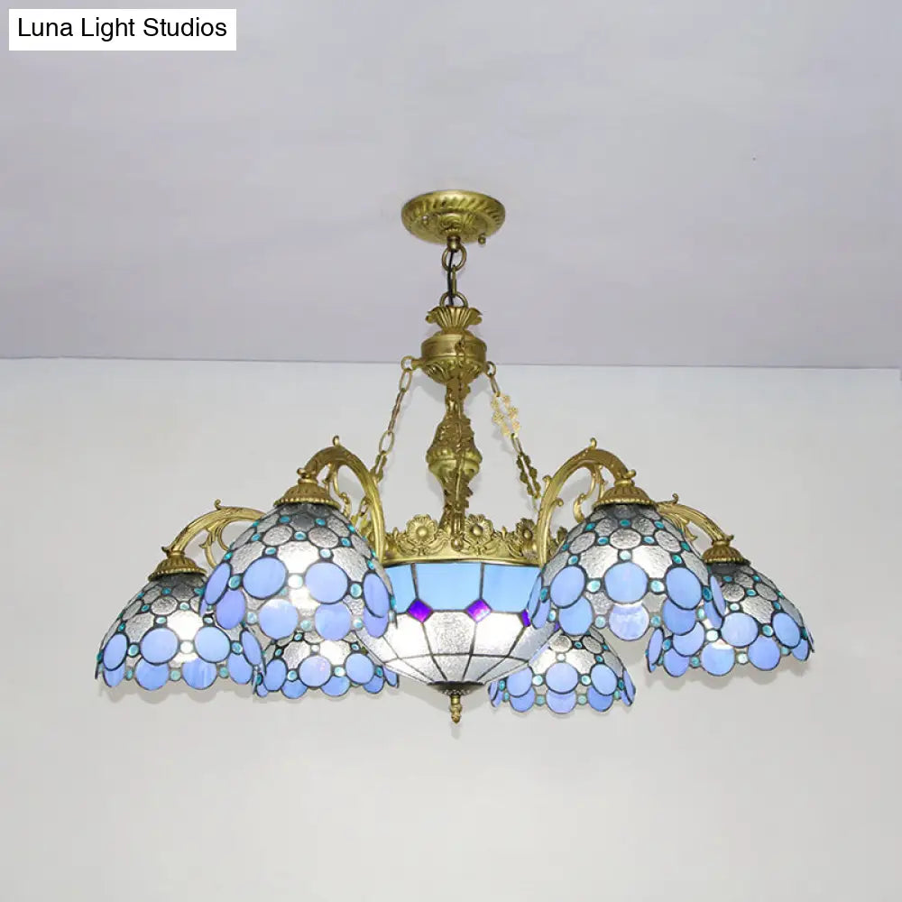 Blue Stained Glass Mediterranean Pendant Lamp With Multi Light Dome