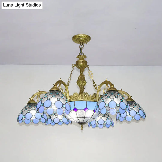 Blue Stained Glass Mediterranean Pendant Lamp With Multi Light Dome