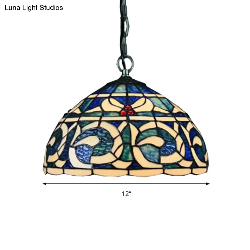 Blue Stained Glass Dome Suspension Light For Restaurant - Retro Tiffany Loft Style