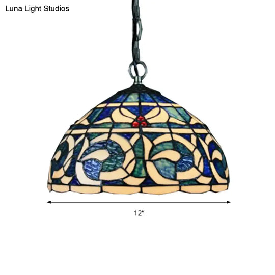 Blue Stained Glass Domed Suspension Light - Retro Loft Tiffany Hanging For Restaurants