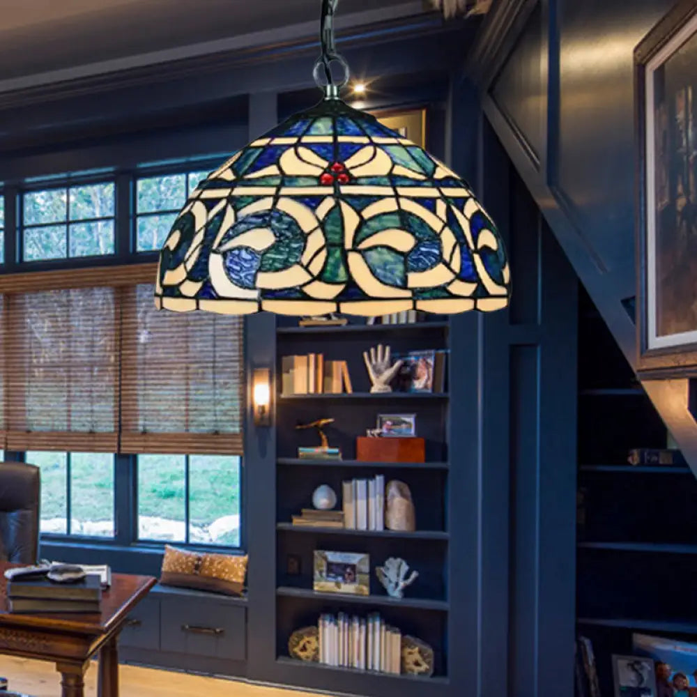 Blue Stained Glass Dome Suspension Light For Restaurant - Retro Tiffany Loft Style