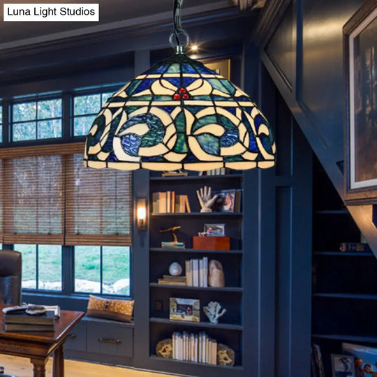 Blue Stained Glass Domed Suspension Light - Retro Loft Tiffany Hanging For Restaurants