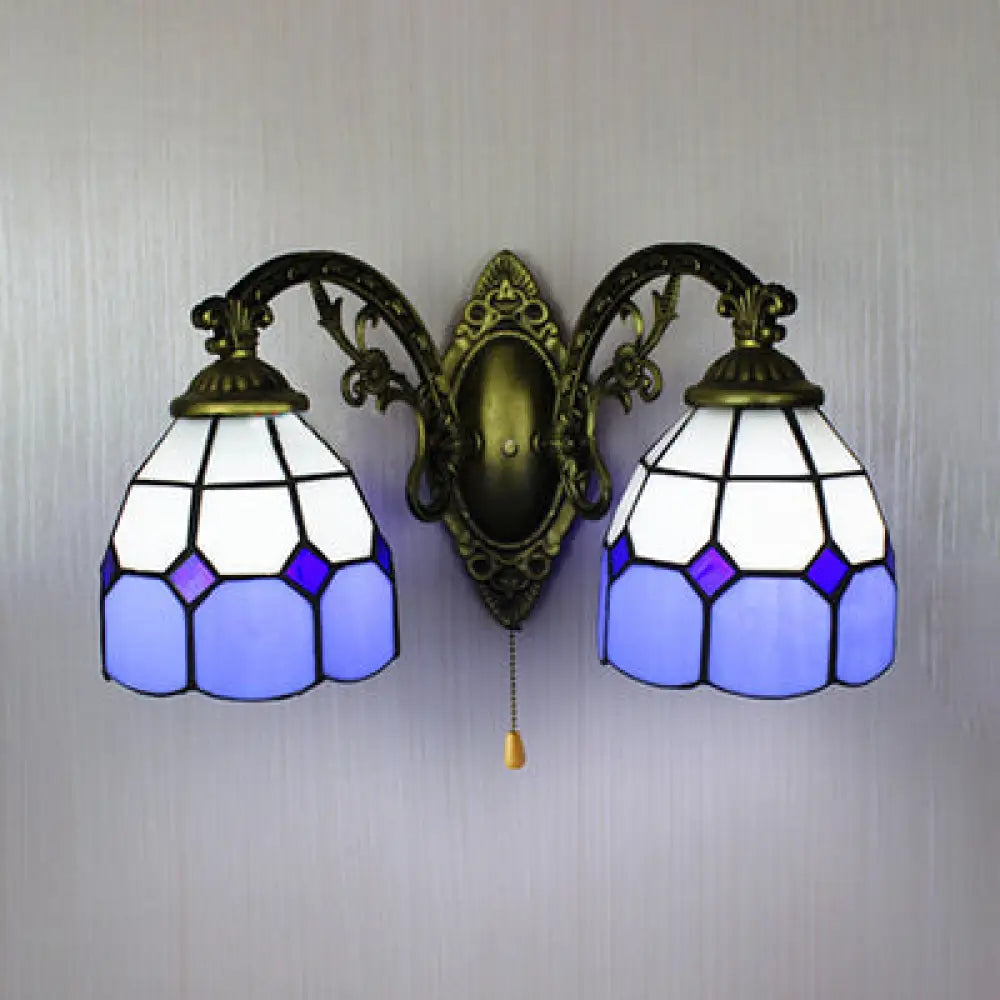 Blue Stained Glass Dome Wall Lamp - Nautical 2 Heads 6/8 W Pull Chain Ideal For Bedroom / 6