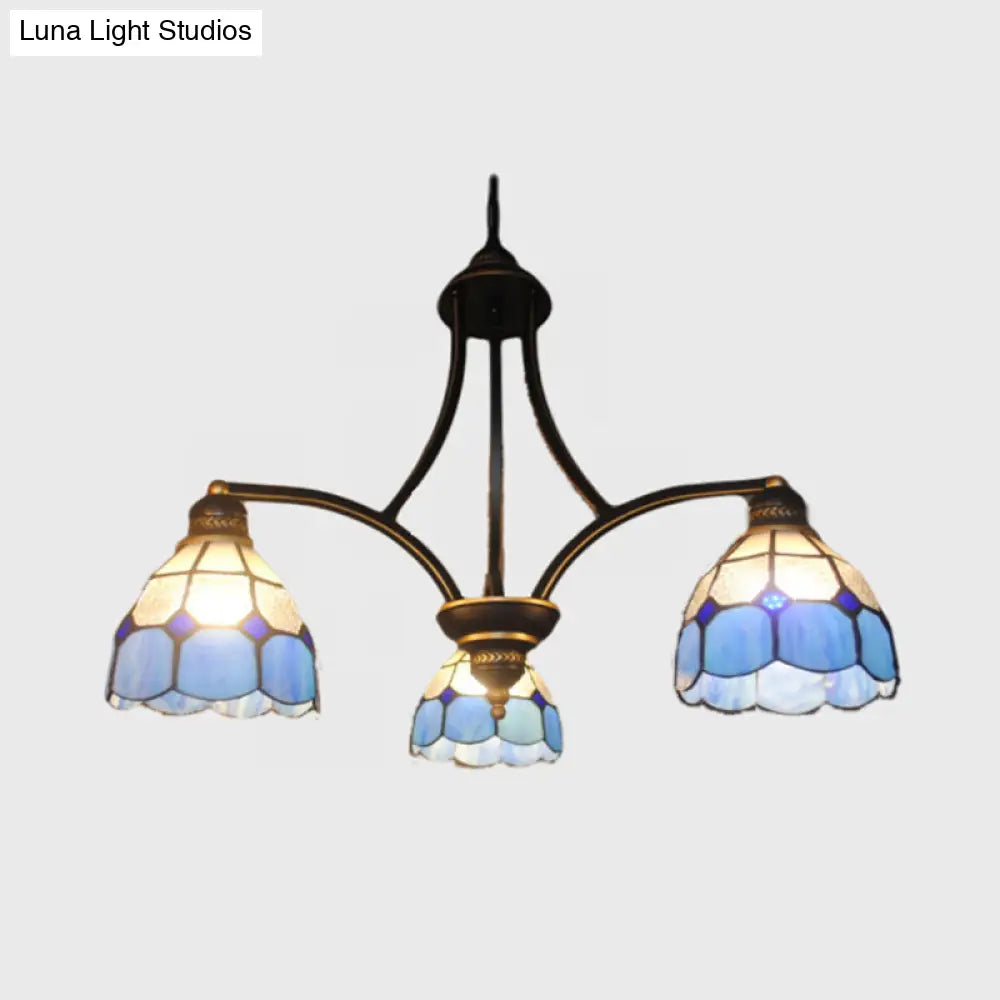 Blue Stained Glass Chandelier With 3 Dimmable Lights - Perfect For Indoor Dining Tables