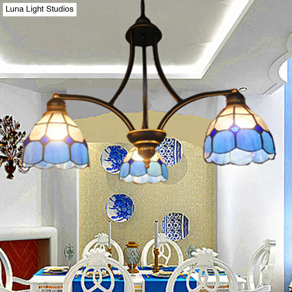 Blue Stained Glass Chandelier With 3 Dimmable Lights - Perfect For Indoor Dining Tables