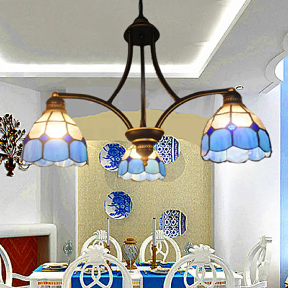 Blue Stained Glass Domed Chandelier Light - 3 Lights Indoor Hanging For Dining Table