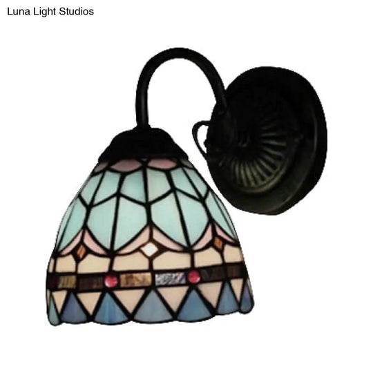 Blue Stained Glass Domed Wall Light - Mediterranean Style For Staircase