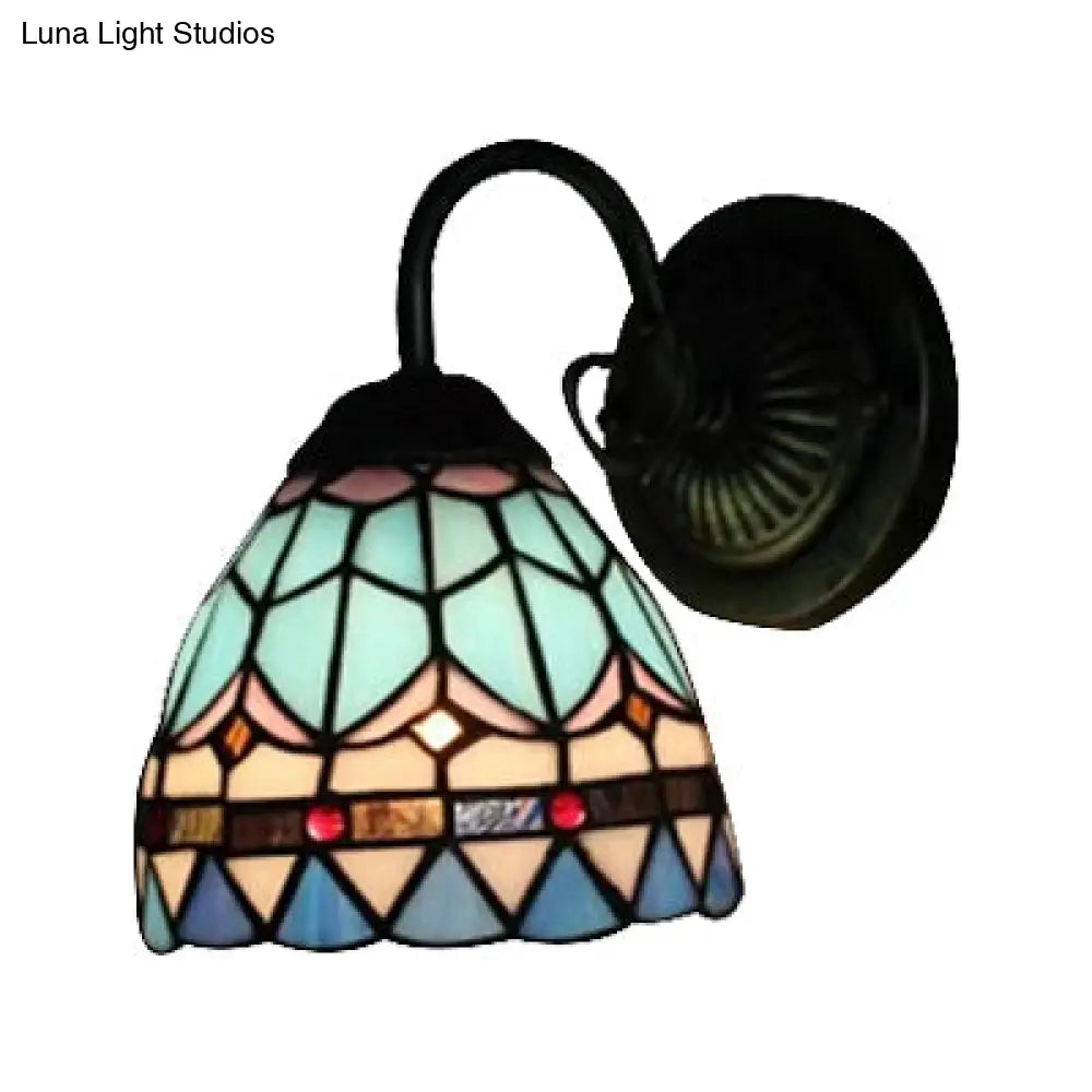 Blue Stained Glass Domed Wall Light - Mediterranean Style For Staircase