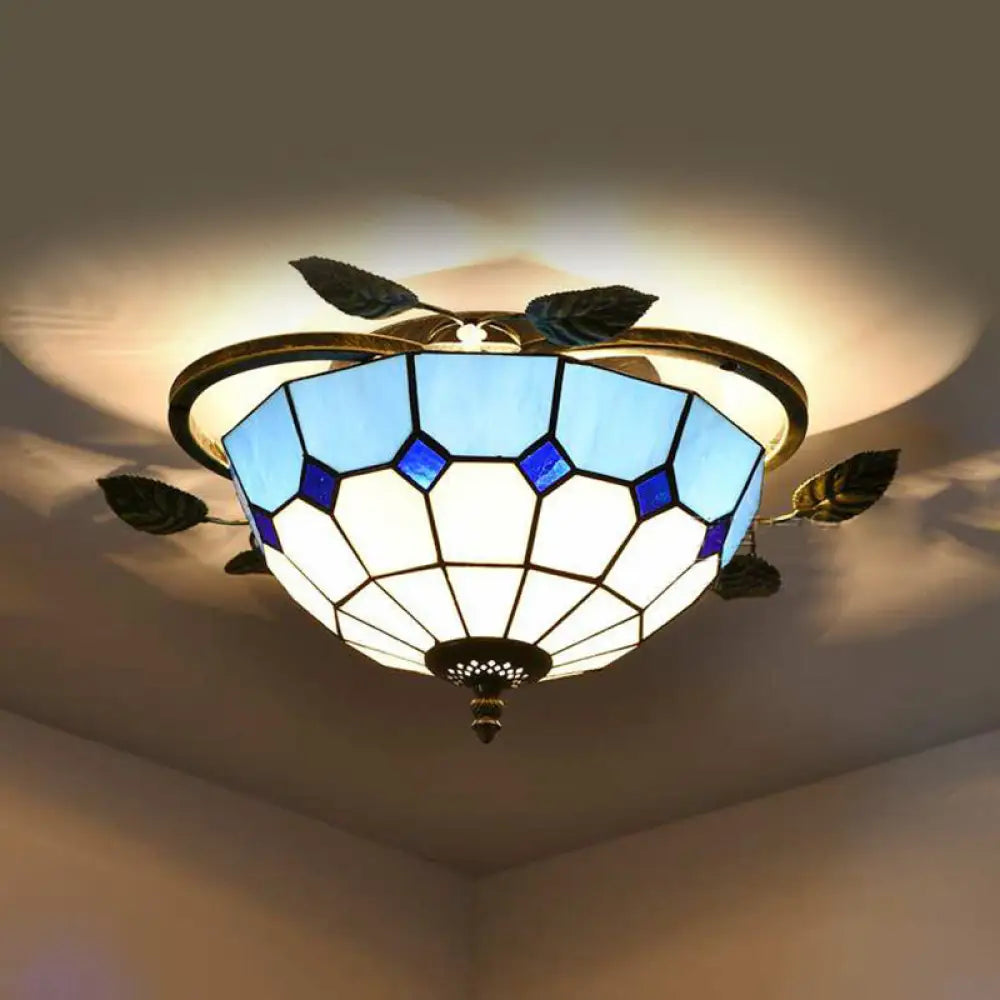 Blue Stained Glass Flushmount Ceiling Light With Leaf Accents