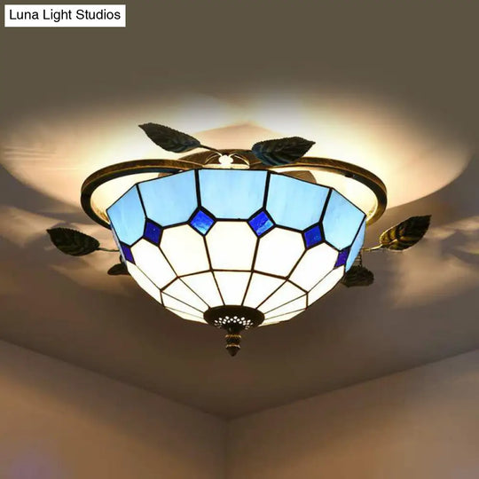 Blue Stained Glass Flushmount Ceiling Light With Leaf Accents