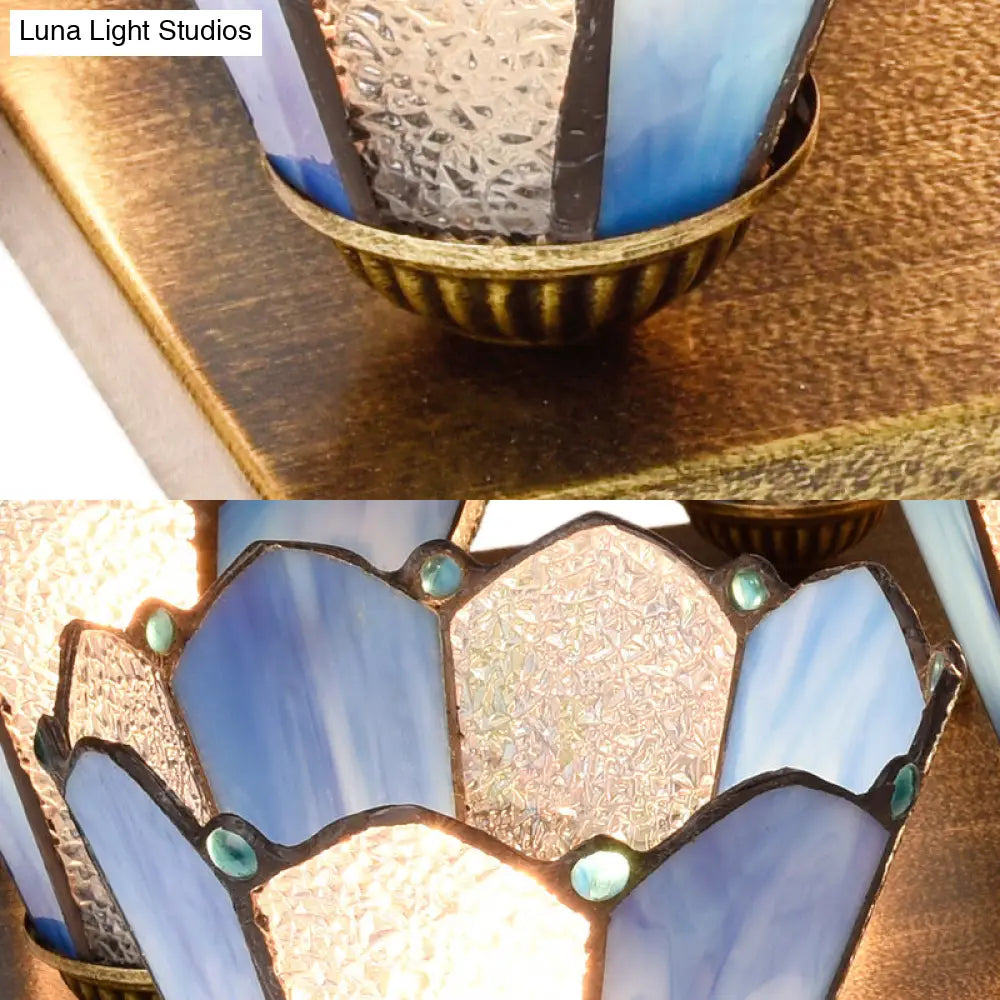 Blue Stained Glass Flushmount Ceiling Light With Retro Style - Ideal For Dining Room