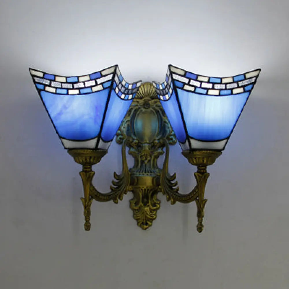 Blue Stained Glass Nautical Wall Lamp With 2 Lights For Bedroom