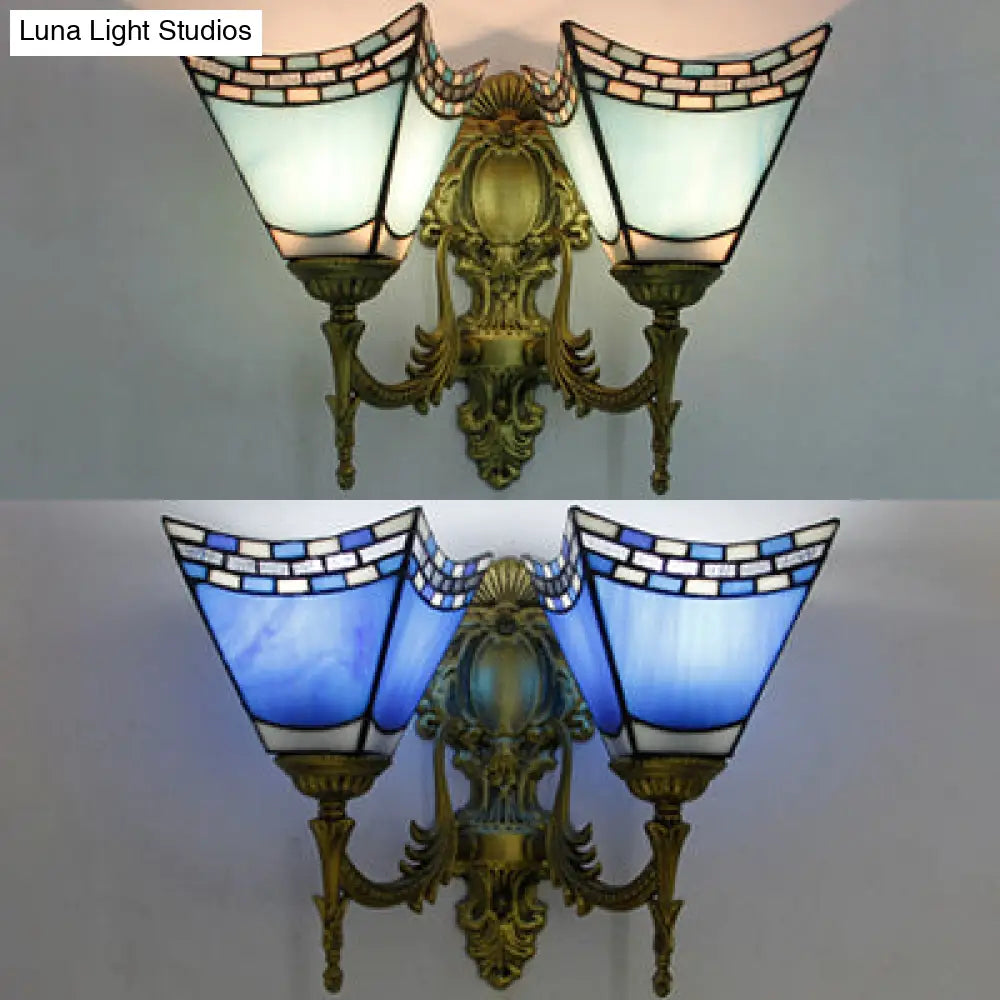 Blue Stained Glass Nautical Wall Lamp With 2 Lights For Bedroom