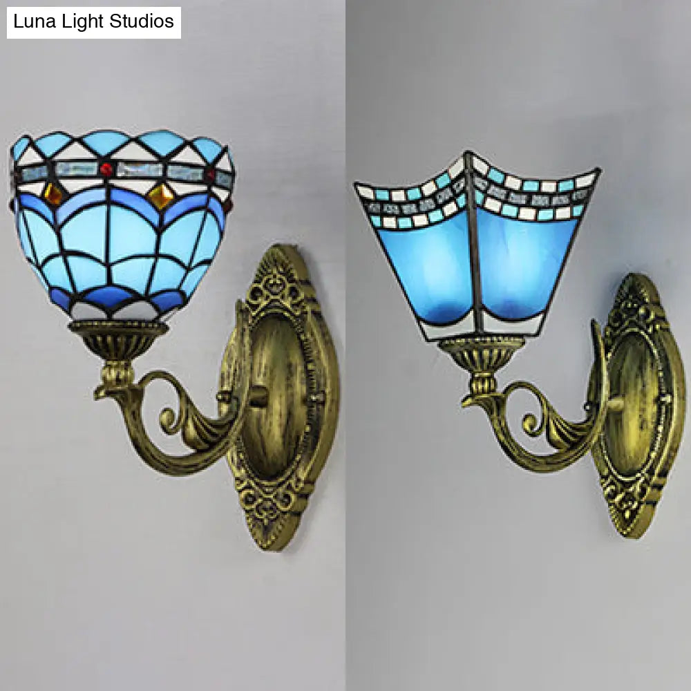 Blue Stained Glass Nautical Wall Sconce With Dome/Swallow-Tail Shape - 1 Light Mount