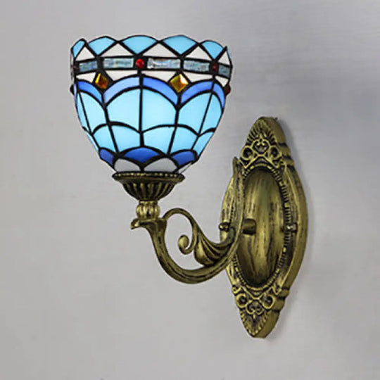 Blue Stained Glass Nautical Wall Sconce With Dome/Swallow-Tail Shape - 1 Light Mount / Dome