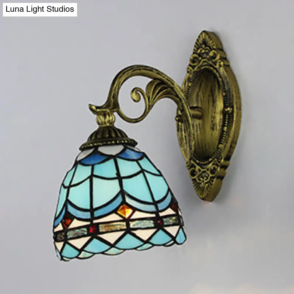 Blue Stained Glass Nautical Wall Sconce With Dome/Swallow-Tail Shape - 1 Light Mount