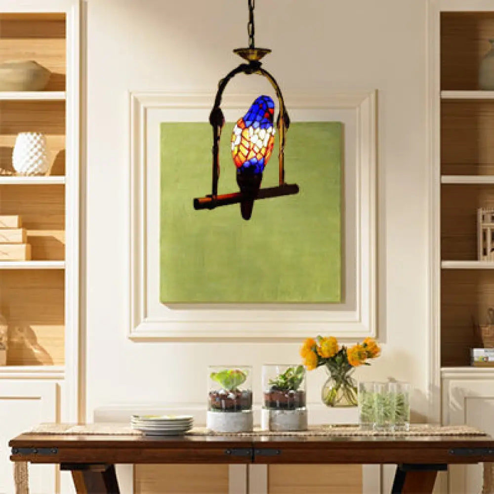 Blue Stained Glass Parrot Ceiling Pendant With Swing: Tiffany Style Suspended Light