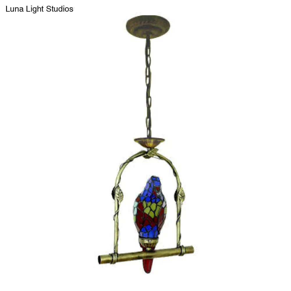 Blue Stained Glass Parrot Ceiling Pendant With Swing: Tiffany Style Suspended Light