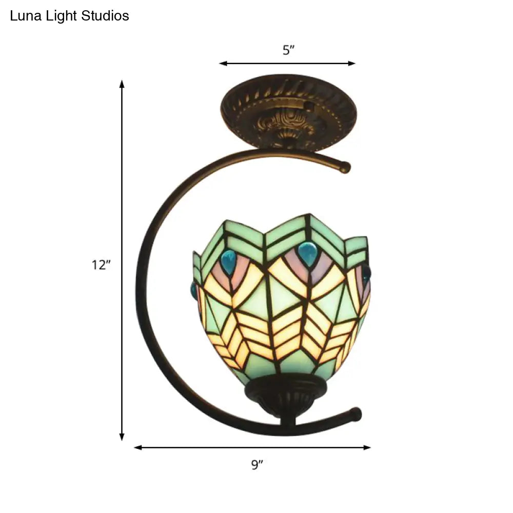 Blue Stained Glass Peacock Ceiling Mount Light - Tiffany Style Creative Lamp For Cafes