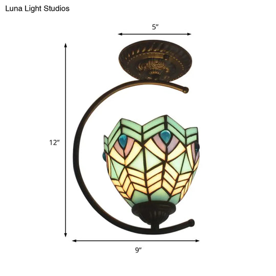 Blue Stained Glass Peacock Ceiling Mount Light - Tiffany Style Creative Lamp For Cafes