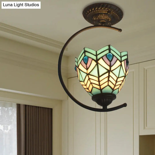 Blue Stained Glass Peacock Ceiling Mount Light - Tiffany Style Creative Lamp For Cafes