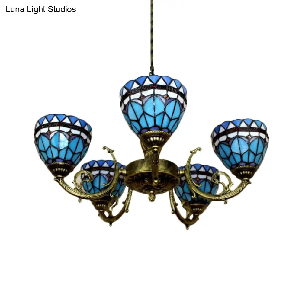 Blue Stained Glass Pendant Chandelier With 5 Heads For Mediterranean Lighting