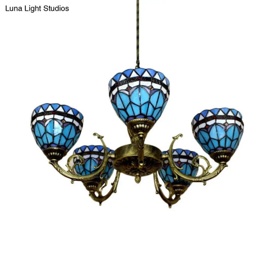 Blue Stained Glass Pendant Chandelier With 5 Heads For Mediterranean Lighting