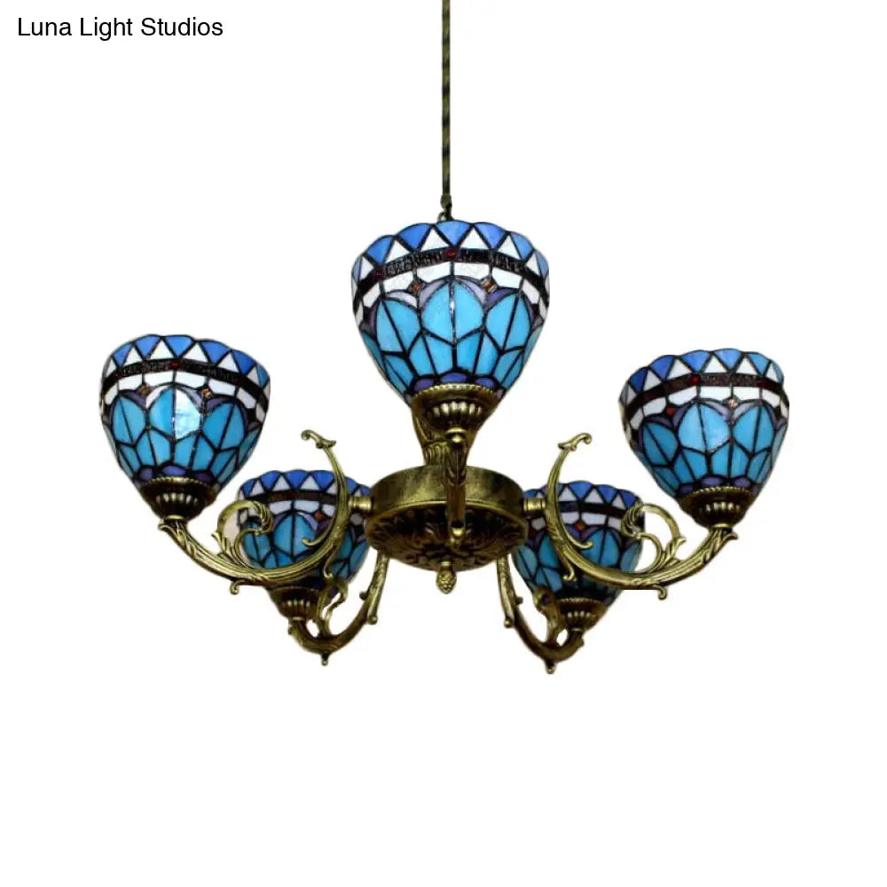 Blue Stained Glass Pendant Chandelier With 5 Heads