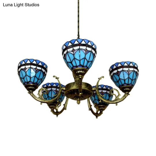 Blue Stained Glass Pendant Chandelier With 5 Heads