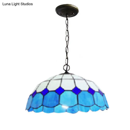 Blue Stained Glass Pendant Lamp: Elegant Mediterranean Hanging Light For Dining Room (2 Bulbs