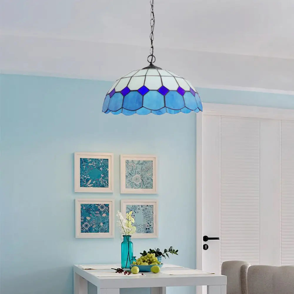 Blue Stained Glass Pendant Lamp: Elegant Mediterranean Hanging Light For Dining Room (2 Bulbs