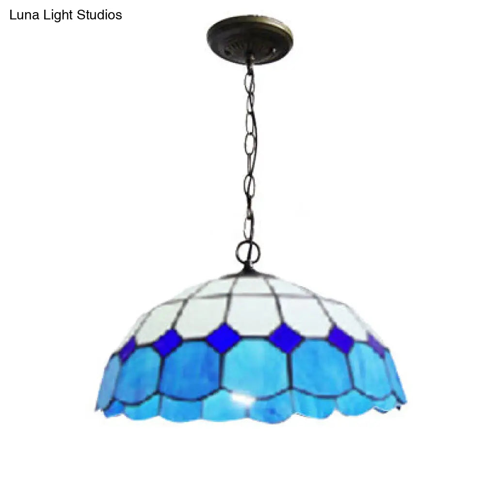 Blue Stained Glass Pendant Lamp With 2 Bulbs - Mediterranean Hanging Light For Dining Room