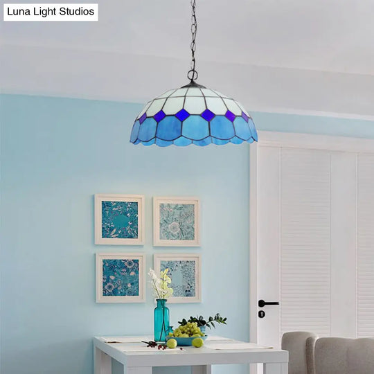 Blue Stained Glass Pendant Lamp With 2 Bulbs - Mediterranean Hanging Light For Dining Room