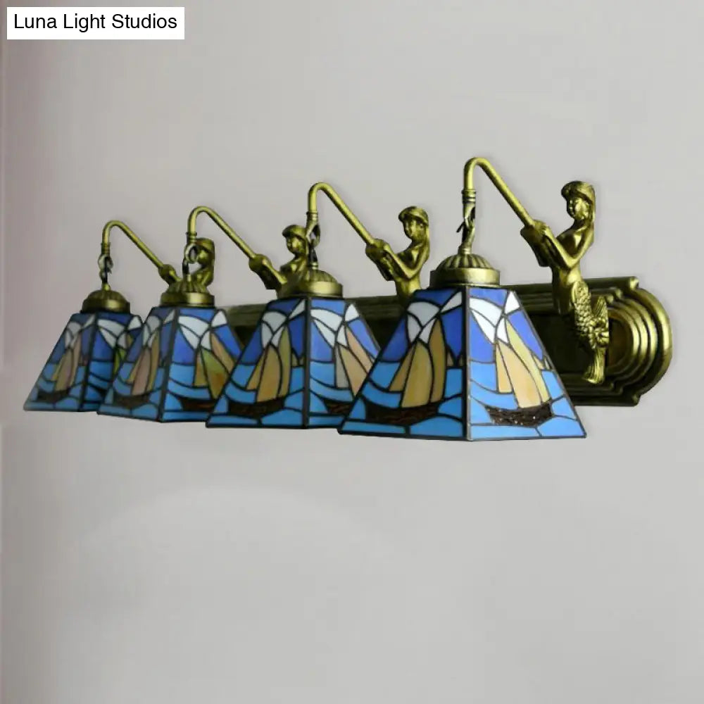 Blue Stained Glass Sconce Light: Mediterranean Sailboat Design With 4 Heads